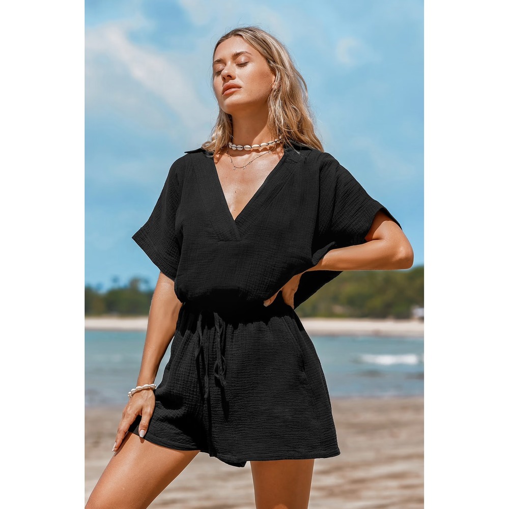Cupshe Black Textured Gauze V-Neck Romper with Back Cutout and Pockets